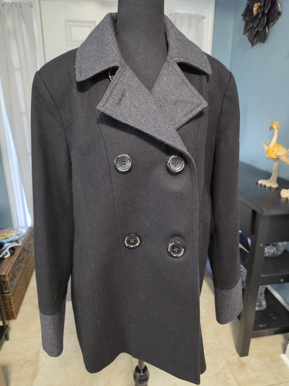 Nautica Black Peacoat with Gray Collar & Cuff Accents